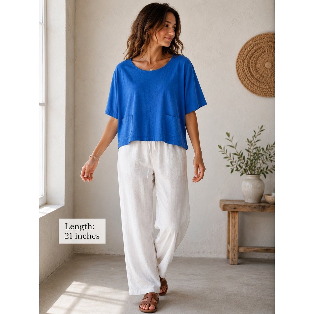 Bryn Walker Blue Cotton Boxy Crop Lagenlook Minimalist Top Pocket Shirt Womens S